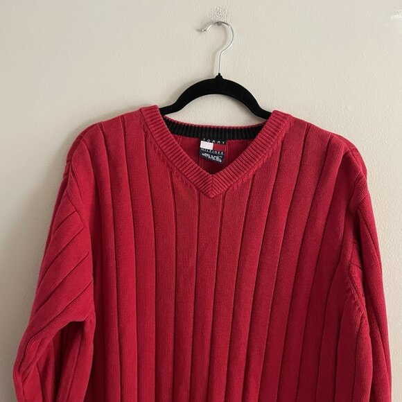 Tommy Hilfiger Men Sz L Red Long Sleeve V-Neck Pullover Heavyweight Sweater - Picture 5 of 9